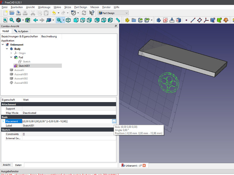 FreeCAD positionieren der Skizze via Menü